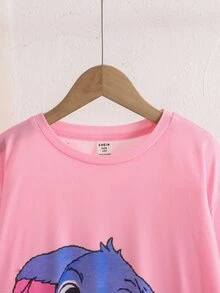 SHEIN Kids Tween Girl Autumn/Winter Sweet Glow-In-The-Dark Cartoon Rabbit Bow Heart Print Patchwork Ruffle Long Sleeve Round Neck Pullover Long Loungewear Dress Pink - Pink - View 5