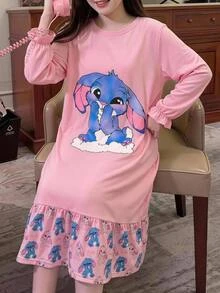 SHEIN Kids Tween Girl Autumn/Winter Sweet Glow-In-The-Dark Cartoon Rabbit Bow Heart Print Patchwork Ruffle Long Sleeve Round Neck Pullover Long Loungewear Dress Pink - Pink - View 10