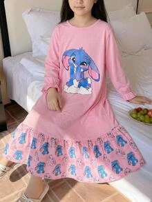 SHEIN Kids Tween Girl Autumn/Winter Sweet Glow-In-The-Dark Cartoon Rabbit Bow Heart Print Patchwork Ruffle Long Sleeve Round Neck Pullover Long Loungewear Dress Pink - Pink - View 9