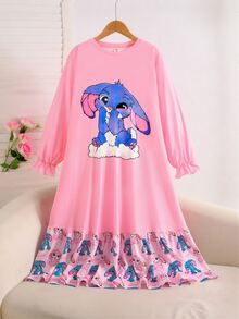 SHEIN Kids Tween Girl Autumn/Winter Sweet Glow-In-The-Dark Cartoon Rabbit Bow Heart Print Patchwork Ruffle Long Sleeve Round Neck Pullover Long Loungewear Dress Pink - Pink - View 4