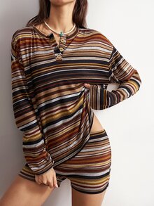 Bohemela طقم نسائي من قطعتين كاجوال بوهيمي بني مخطط بأكمام طويلة وكتف منسدل مع شورت، مناسب للاسترخاء في الخريف وعيد الشكر - متعدد الألوان - مشاهدة 5
