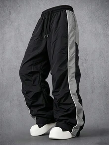 Manfinity Denimwave Men Contrast Panel Wide Leg Track Pants Four Seasons Wear Elastic Waist Drawstring Wind Trousers With Adjustable Cuffs Beach Vacation Black Autumn - Black - View 3