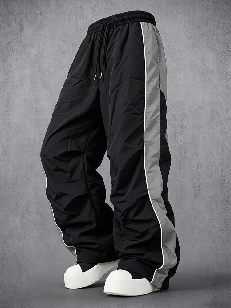 Manfinity Denimwave Men Contrast Panel Wide Leg Track Pants Four Seasons Wear Elastic Waist Drawstring Wind Trousers With Adjustable Cuffs Beach Vacation Black Autumn - Black - View 3