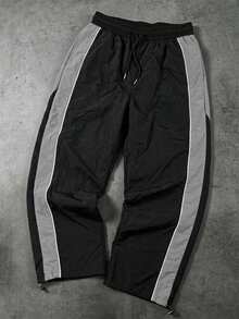 Manfinity Denimwave Men Contrast Panel Wide Leg Track Pants Four Seasons Wear Elastic Waist Drawstring Wind Trousers With Adjustable Cuffs Beach Vacation Black Autumn - Black - View 4
