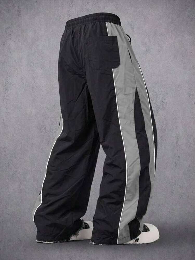 Manfinity Denimwave Men Contrast Panel Wide Leg Track Pants Four Seasons Wear Elastic Waist Drawstring Wind Trousers With Adjustable Cuffs Beach Vacation Black Autumn - Black - View 2
