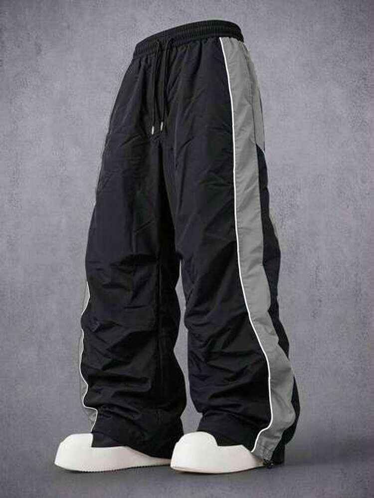 Manfinity Denimwave Men Contrast Panel Wide Leg Track Pants Four Seasons Wear Elastic Waist Drawstring Wind Trousers With Adjustable Cuffs Beach Vacation Black Autumn - Black - View 1