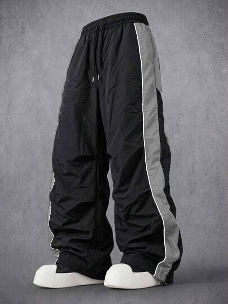 Manfinity Denimwave Men Contrast Panel Wide Leg Track Pants Four Seasons Wear Elastic Waist Drawstring Wind Trousers With Adjustable Cuffs Beach Vacation Black Autumn - Black - View 1