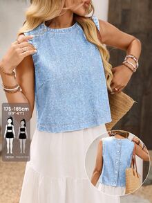 SHEIN Tall Rompi Tanpa Lengan Denim Biru Muda, Leher Bulat, Penutup Kancing Belakang, Potongan Ramping, Panjang Pendek, Atasan Tank Serbaguna Gaya Jalanan - Light Wash - View 1
