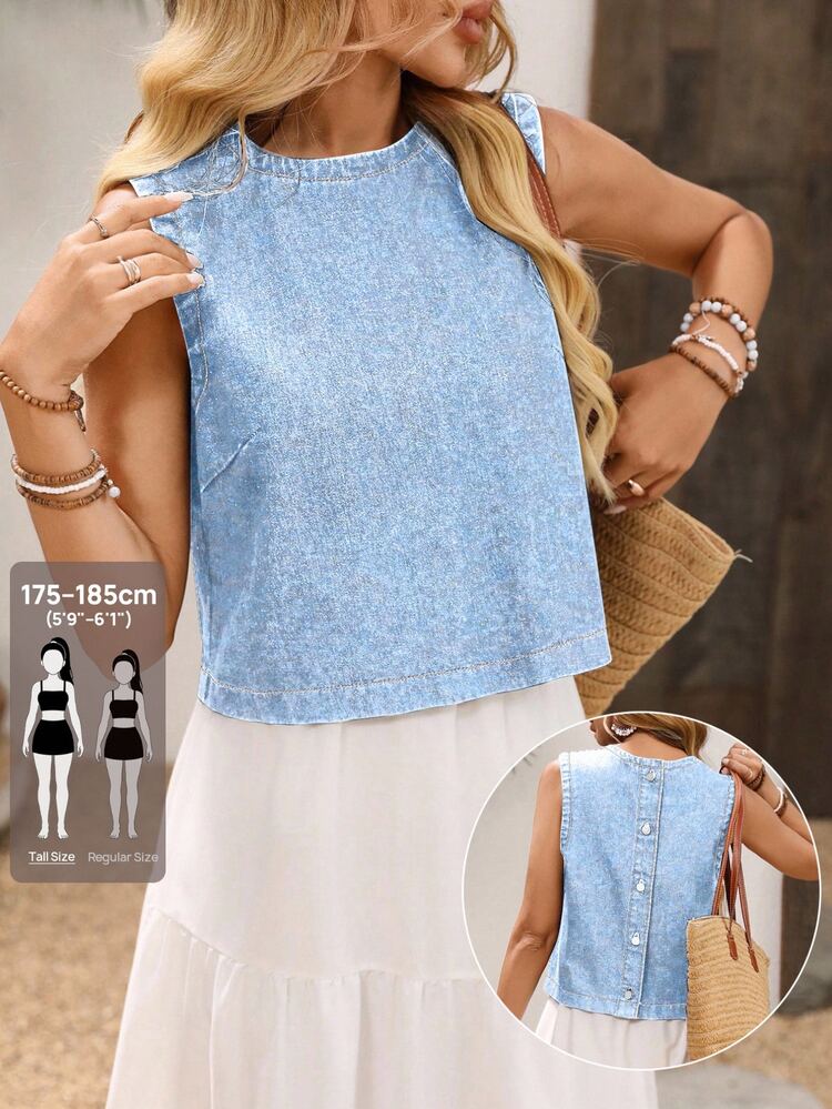 SHEIN Tall Light Blue Washed Denim Sleeveless Vest, Round Neck, Back Button Closure, Slim Fit, Short Length, Street Style Versatile Tank Top - Light Wash - View 1