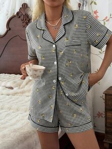CottageSlumber Women's New Lemon Plaid Print Button-Up Short Sleeve Shorts Pajama Set - Black and White - View 3