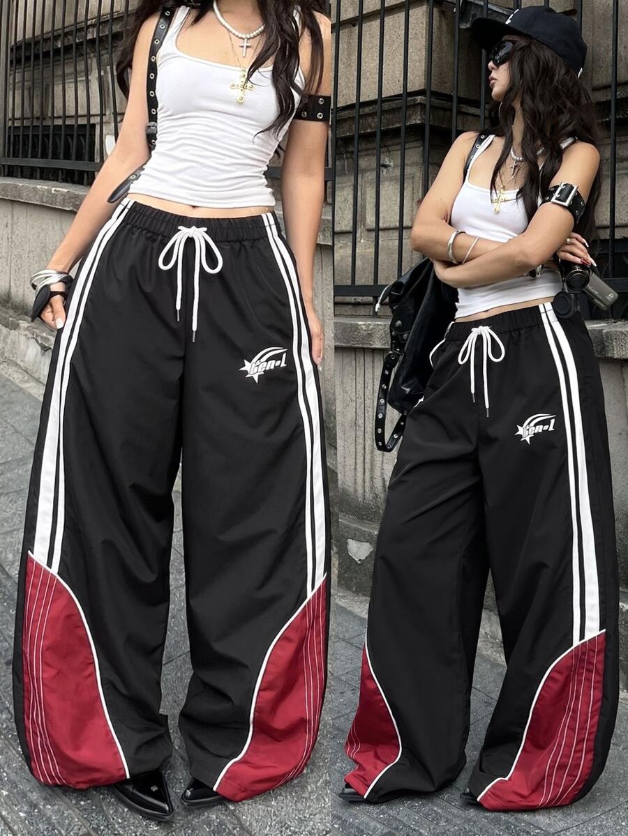 Coolane 女款秋季保暖基礎簡約街頭風 Y2K 休閒運動風黑白撞色抽繩寬鬆寬腿運動長褲 日常外出穿搭 - 黑色 - 查看 1