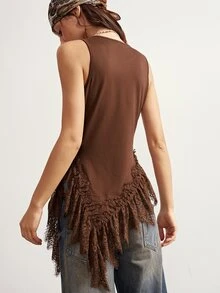 Bohemela Women's Solid Color Lace Patchwork Asymmetric Hem Tank Top - Brown - View 7