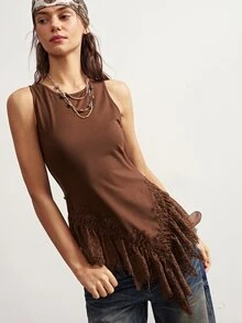 Bohemela Women's Solid Color Lace Patchwork Asymmetric Hem Tank Top - Brown - View 4