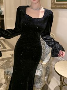 DAZY 亮片拼接長袖女款中長洋裝，新年跨年舞會禮服，優雅奢華閃亮秋季女裝，婚禮賓客禮服 - 黑色 - 查看 5