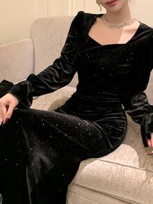 DAZY 亮片拼接長袖女款中長洋裝，新年跨年舞會禮服，優雅奢華閃亮秋季女裝，婚禮賓客禮服 - 黑色 - 查看 6