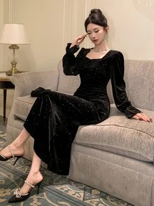 DAZY 亮片拼接長袖女款中長洋裝，新年跨年舞會禮服，優雅奢華閃亮秋季女裝，婚禮賓客禮服 - 黑色 - 查看 7