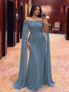 Serin Plus Size Elegant Luxurious Beaded Sequin Lace Patchwork Elastic Knit Mesh Patchwork Chiffon Sleeve Ruched Mermaid Skirt Suitable For Wedding Events Bachelorette Party Vacation Dance Party Evening Gown (Heavy Workmanship Style) - Dusty Blue - View 4