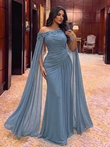 Serin Plus Size Elegant Luxurious Beaded Sequin Lace Patchwork Elastic Knit Mesh Patchwork Chiffon Sleeve Ruched Mermaid Skirt Suitable For Wedding Events Bachelorette Party Vacation Dance Party Evening Gown (Heavy Workmanship Style) - Dusty Blue - View 2