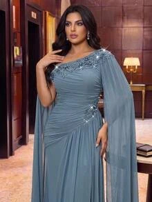 Serin Plus Size Elegant Luxurious Beaded Sequin Lace Patchwork Elastic Knit Mesh Patchwork Chiffon Sleeve Ruched Mermaid Skirt Suitable For Wedding Events Bachelorette Party Vacation Dance Party Evening Gown (Heavy Workmanship Style) - Dusty Blue - View 1