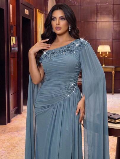 Serin Plus Size Elegant Luxurious Beaded Sequin Lace Patchwork Elastic Knit Mesh Patchwork Chiffon Sleeve Ruched Mermaid Skirt Suitable For Wedding Events Bachelorette Party Vacation Dance Party Evening Gown (Heavy Workmanship Style)