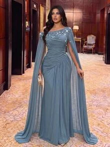 Serin Plus Size Elegant Luxurious Beaded Sequin Lace Patchwork Elastic Knit Mesh Patchwork Chiffon Sleeve Ruched Mermaid Skirt Suitable For Wedding Events Bachelorette Party Vacation Dance Party Evening Gown (Heavy Workmanship Style) - Dusty Blue - View 3