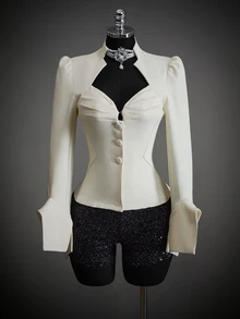 SHEIN ICON Blazer Wanita Warna Polos Berlipit Kasual Serbaguna untuk Perjalanan Harian - Krem - View 5