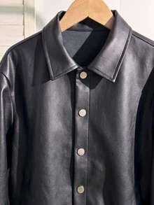 SHEIN Sparklyn 青少年女孩秋冬休閒日常高級感校園通勤Ins風百搭PU皮革翻領寬鬆夾克 - 黑色 - 查看 6