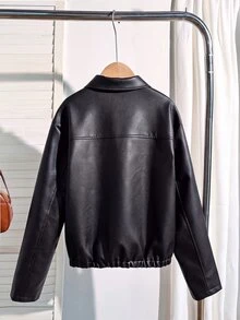 SHEIN Sparklyn 青少年女孩秋冬休閒日常高級感校園通勤Ins風百搭PU皮革翻領寬鬆夾克 - 黑色 - 查看 2