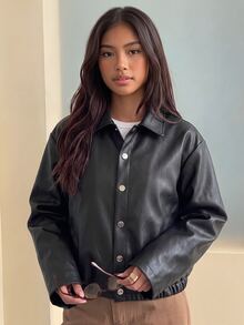 SHEIN Sparklyn 青少年女孩秋冬休閒日常高級感校園通勤Ins風百搭PU皮革翻領寬鬆夾克 - 黑色 - 查看 3
