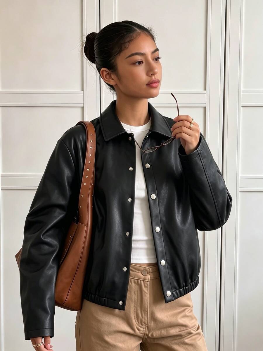 SHEIN Sparklyn 青少年女孩秋冬休閒日常高級感校園通勤Ins風百搭PU皮革翻領寬鬆夾克 - 黑色 - 查看 1