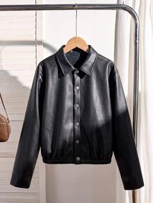 SHEIN Sparklyn 青少年女孩秋冬休閒日常高級感校園通勤Ins風百搭PU皮革翻領寬鬆夾克 - 黑色 - 查看 4
