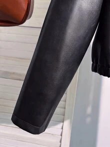 SHEIN Sparklyn 青少年女孩秋冬休閒日常高級感校園通勤Ins風百搭PU皮革翻領寬鬆夾克 - 黑色 - 查看 5