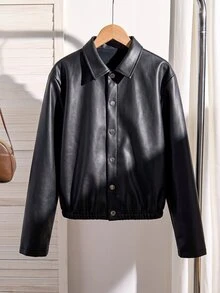 SHEIN Sparklyn 青少年女孩秋冬休閒日常高級感校園通勤Ins風百搭PU皮革翻領寬鬆夾克 - 黑色 - 查看 7