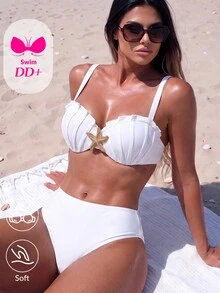 Voyashape Women's Starfish Decor Push-Up Swimwear Set, All White, Summer, Casual, Holiday, Party, Vacation, Holiday Beach Two-Piece Bikini With Removable Bra Pads - White - View 1