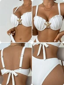 Voyashape Women's Starfish Decor Push-Up Swimwear Set, All White, Summer, Casual, Holiday, Party, Vacation, Holiday Beach Two-Piece Bikini With Removable Bra Pads - White - View 5