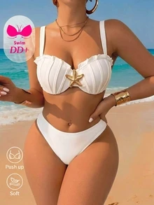 Voyashape Women's Starfish Decor Push-Up Swimwear Set, All White, Summer, Casual, Holiday, Party, Vacation, Holiday Beach Two-Piece Bikini With Removable Bra Pads - White - View 2