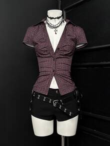 Bitrose Casual Sexy Deep V-Neck Striped Fitted Shirt, Summer - Multicolor - View 3