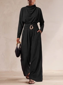 Zivah Women's Solid Color Pleated Batwing Long Sleeve Shirt And Wide Leg Pants Elegant 2 Pieces Set - Black - View 5