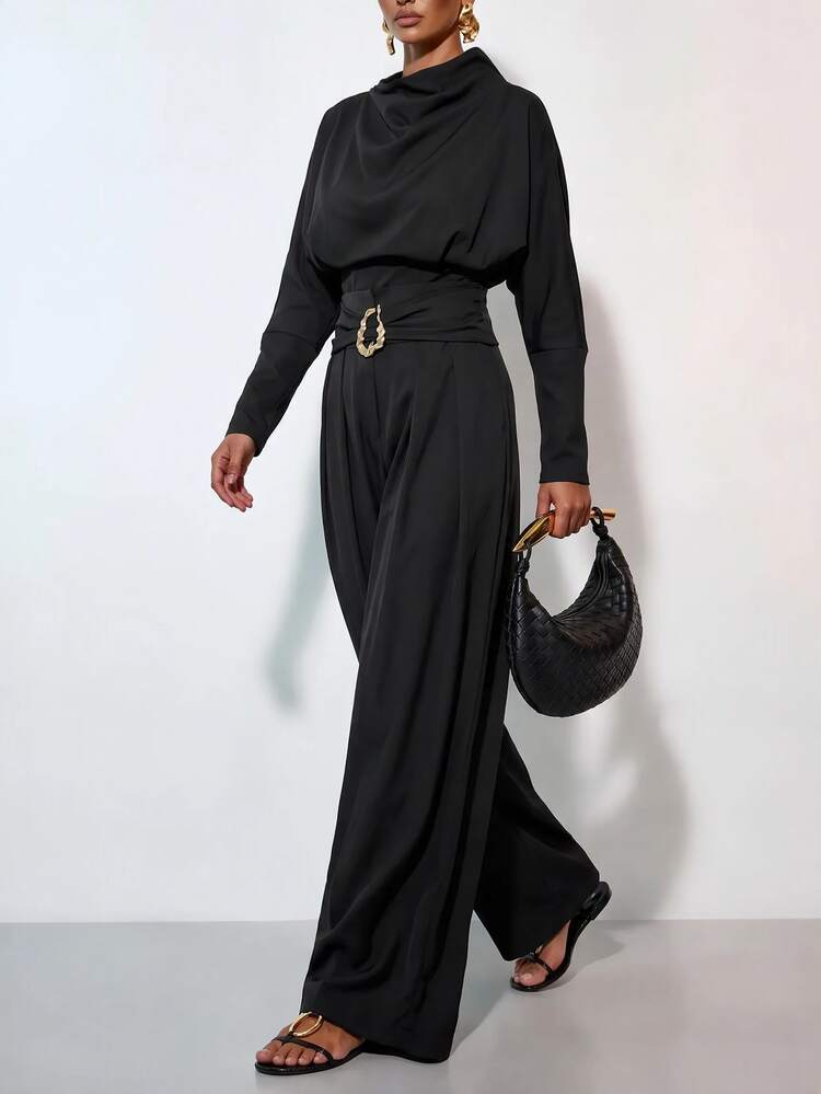 Zivah Women's Solid Color Pleated Batwing Long Sleeve Shirt And Wide Leg Pants Elegant 2 Pieces Set - Black - View 6