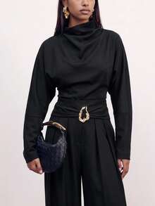 Zivah Women's Solid Color Pleated Batwing Long Sleeve Shirt And Wide Leg Pants Elegant 2 Pieces Set - Black - View 6