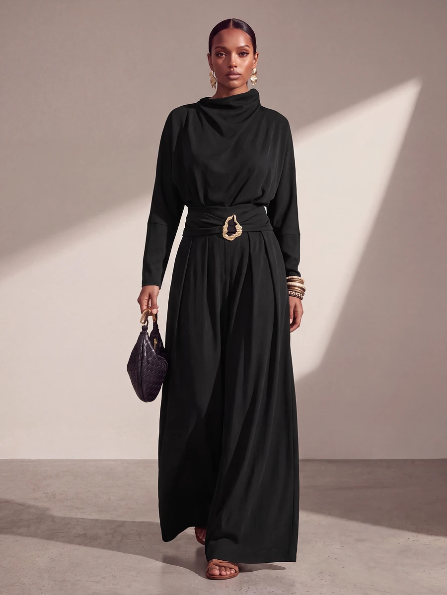 Zivah Women's Solid Color Pleated Batwing Long Sleeve Shirt And Wide Leg Pants Elegant 2 Pieces Set