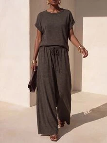 Zivah Women's Casual Top And Drawstring Waist Loose Pants Set, Commute & Sports - Brown - View 8