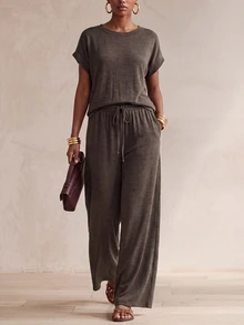 Zivah Women's Casual Top And Drawstring Waist Loose Pants Set, Commute & Sports - Brown - View 4