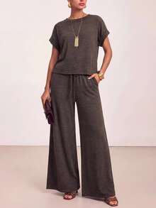 Zivah Women's Casual Top And Drawstring Waist Loose Pants Set, Commute & Sports - Brown - View 11