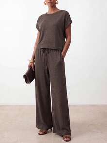 Zivah Women's Casual Top And Drawstring Waist Loose Pants Set, Commute & Sports - Brown - View 7