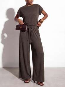 Zivah Women's Casual Top And Drawstring Waist Loose Pants Set, Commute & Sports - Brown - View 5