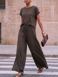 Zivah Women's Casual Top And Drawstring Waist Loose Pants Set, Commute & Sports - Brown - View 12