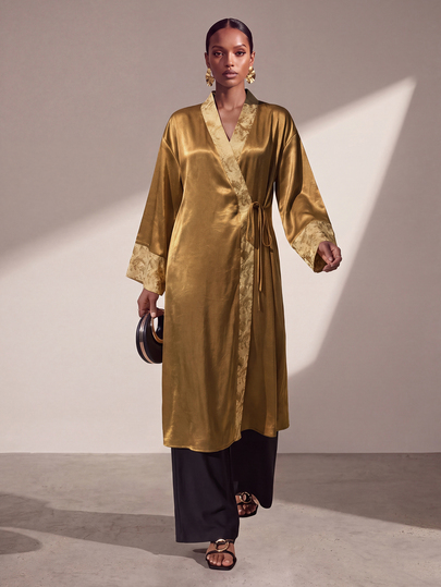 Zivah 2026 Neue lässige Urlaubs-Elegante Gelb-Grün Patchwork Jacquard Stoff Neue chinesische Stil Robe Jacke mit Taschen, Langarm super locker lässige Kimono Jacke, geeignet für mehrere Anlässe, elegante Damen Herbst vielseitige Boho Pendeln und Reise Outfit