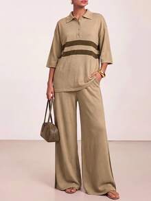 Zivah Women's Striped Colorblock Button Half-Placket Top And Loose Pocket Pants Set - Apricot - View 7