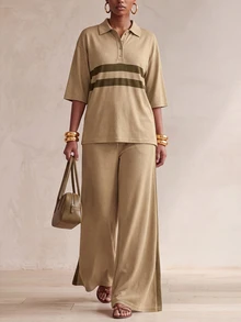 Zivah Women's Striped Colorblock Button Half-Placket Top And Loose Pocket Pants Set - Apricot - View 5